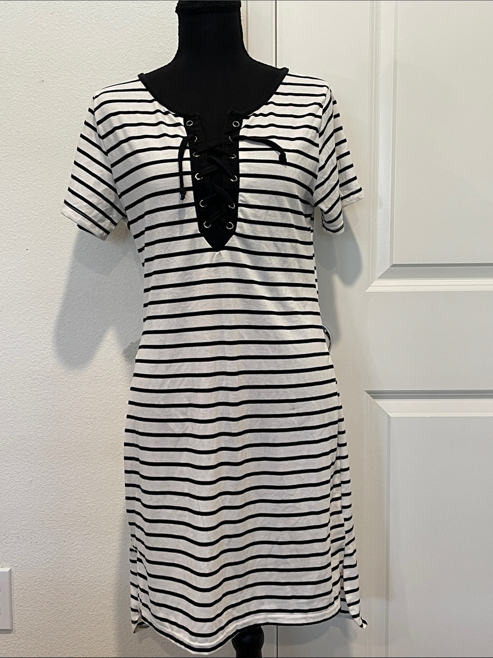 Striped Lace-Up T-Shirt Dress - Black & White